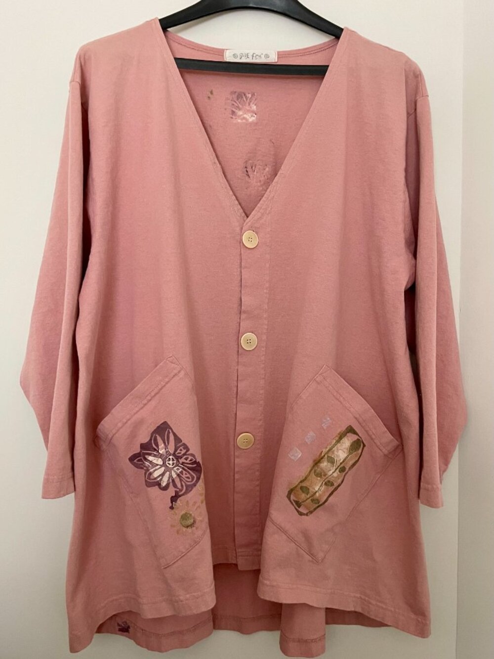 Vintage Blue Fish Cardigan Top Hand printed 1996 Light Coral/Deep Blush